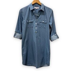Ann Taylor LOFT Chambray Shirt Dress Polka Dot Popover Roll Tab Sleeve‎ Size XS